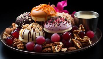 AI generated Gourmet dessert plate with chocolate, fruit, and almond generated by AI photo