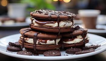 AI generated Stack of homemade chocolate cookies on wooden table generated by AI photo