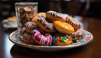 AI generated Multi colored donut on wooden table, tempting indulgence generated by AI photo