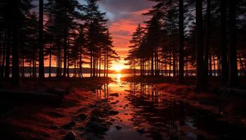 ai generado puesta de sol terminado tranquilo agua, naturaleza belleza en silueta generado por ai foto