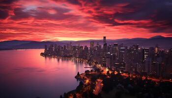 AI generated Cityscape at dusk, skyscrapers illuminated, reflecting on water generated by AI photo