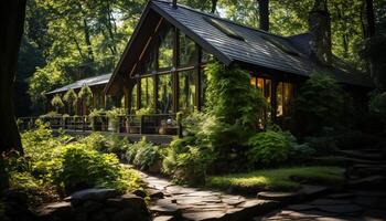 AI generated Rustic cottage nestled in tranquil forest, surrounded by green generated by AI photo