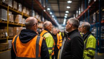 ai generado maduro hombres trabajando en depósito, que se discute distribución generado por ai foto