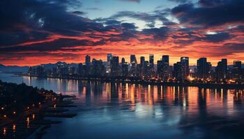 ai generado paisaje urbano a oscuridad, urbano horizonte refleja en agua generado por ai foto