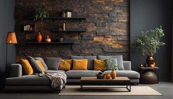 AI generated Modern apartment with comfortable sofa, elegant design generated by AI photo