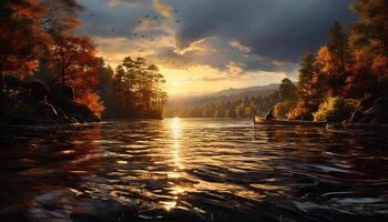 AI generated Tranquil scene of autumn forest reflects in water generated by AI photo