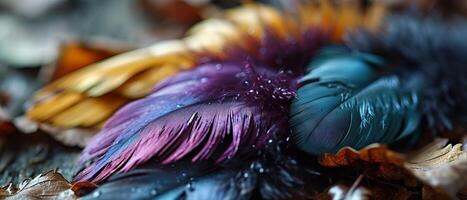 AI generated This close-up intricate details of a purple and blue feather photo