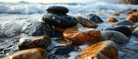 AI generated Pebbles stacked in a pyramid formation on a beach, with gentle waves and a golden sunset photo