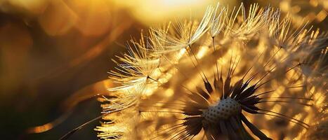 AI generated Close-up of a dandelion seed head illuminated by warm golden sunlight photo