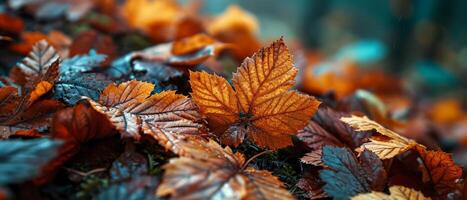 AI generated Raindrops glisten on rich brown leaves against a soft-focus background photo