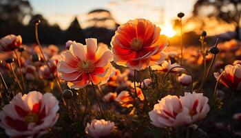 AI generated Sunset meadow, vibrant flowers bloom in nature generated by AI photo