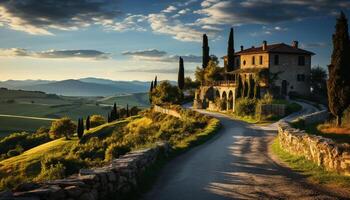 ai generado idílico puesta de sol terminado rústico casa de Campo en italiano campo generado por ai foto