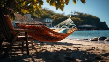 AI generated Relaxation in hammock, nature beauty, tranquil seaside generated by AI photo