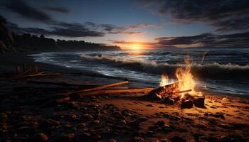 AI generated Sunset flame burns over tranquil seascape, glowing twilight generated by AI photo