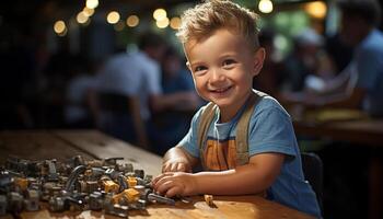 ai generado sonriente Niños sentado a mesa, mirando a cámara generado por ai foto