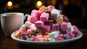 AI generated Sweet food, marshmallow, multi colored, gourmet, candy, snack, sugar, chocolate generated by AI photo