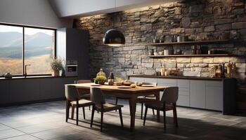 AI generated Modern kitchen with elegant design, comfortable dining area generated by AI photo