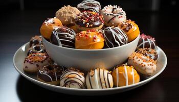 AI generated Indulgent gourmet dessert, chocolate donut with strawberry icing generated by AI photo