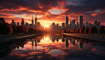 AI generated Cityscape at dusk, skyscrapers reflect in waterfront generated by AI photo