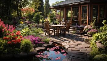 AI generated Relaxation in a formal garden, surrounded by nature generated by AI photo