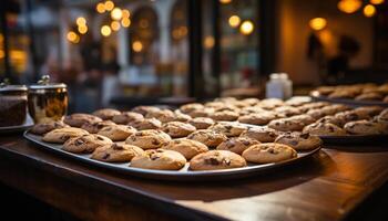 AI generated Freshly baked homemade cookies on rustic wooden table generated by AI photo