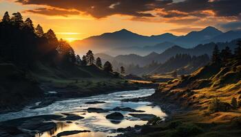 AI generated Majestic mountain peak reflects tranquil sunset over water generated by AI photo