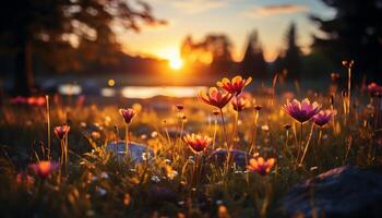AI generated Sunset over meadow, flowers bloom in vibrant colors generated by AI photo