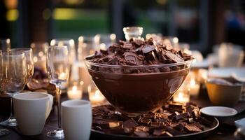 ai generado indulgente postre en de madera mesa, torrencial caliente chocolate generado por ai foto