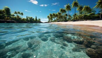 ai generado tropical línea costera, azul agua, palma árbol, sereno puesta de sol generado por ai foto