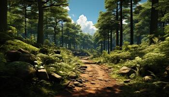 AI generated Tranquil scene of green mountain, tree, and sunlight generated by AI photo