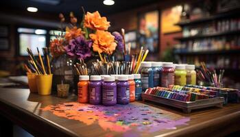 AI generated Vibrant colors on table, paintbrushes create art generated by AI photo