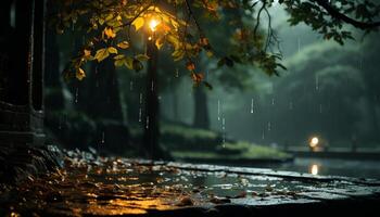 ai generado otoño árbol en oscuro bosque, brumoso noche generado por ai foto