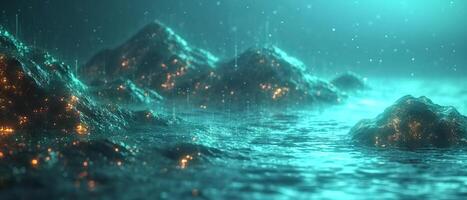 AI generated A futuristic neon-lit ocean under a rain-drenched cyber sky photo