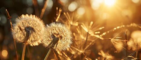 AI generated A pair of dandelion seed heads, capturing the warm glow of a setting sun photo