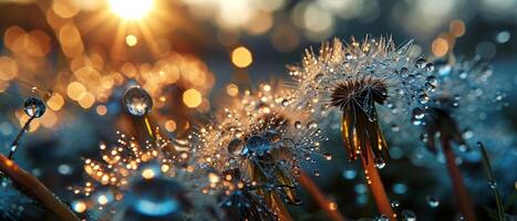 AI generated Macro shot of dew-covered dandelions backlit by the warm glow of the sunrise, creating a bokeh effect photo