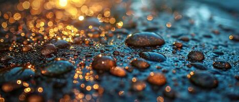 AI generated Shimmering water droplets at twilight with a captivating bokeh effect photo