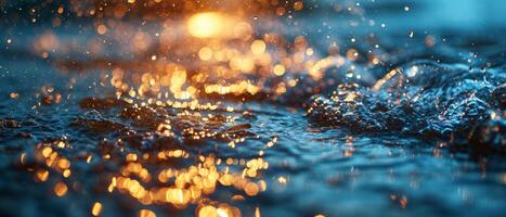 AI generated Shimmering water droplets at twilight with a captivating bokeh effect photo