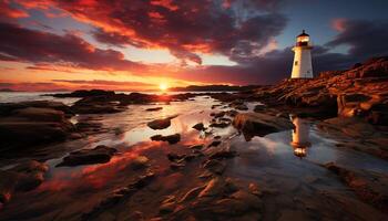 ai generado puesta de sol terminado el línea costera, naturaleza belleza reflejado en agua generado por ai foto