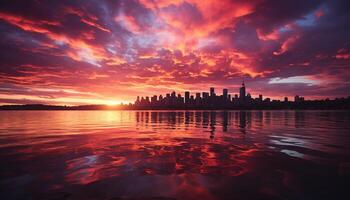 AI generated Cityscape reflection on water, skyscrapers silhouette at dusk generated by AI photo