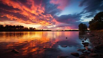 ai generado tranquilo escena de puesta de sol terminado agua, reflejando belleza generado por ai foto