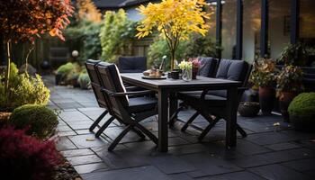 ai generado de madera silla en un moderno al aire libre jardín generado por ai foto