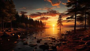 AI generated Sunset over tranquil water, nature beauty reflected generated by AI photo