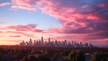 AI generated Vibrant sunset paints city skyline in golden hues generated by AI photo