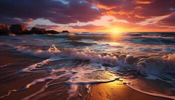 AI generated Sunset over water, waves crash on sandy shore generated by AI photo