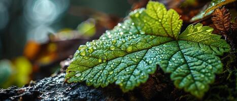 AI generated Sunlight filters through a fresh green leaf covered in dew drops, emphasizing the leaf's intricate vein pattern photo