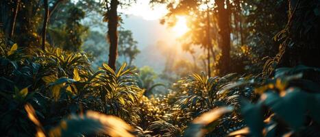 AI generated Sunbeams pierce the dense foliage of a lush tropical jungle photo