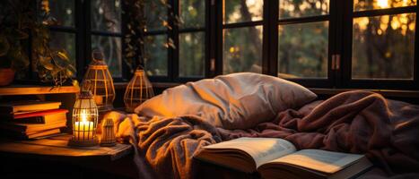 AI generated Cozy Reading Nook at Golden Hour photo