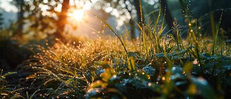 AI generated Early morning dew clings to fresh green grass with the sunrise filtering through a peaceful forest clearing photo