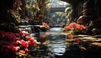 ai generado hermosa flor flores en tranquilo jardín estanque generado por ai foto