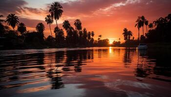 ai generado puesta de sol terminado tropical palma arboles refleja en agua generado por ai foto